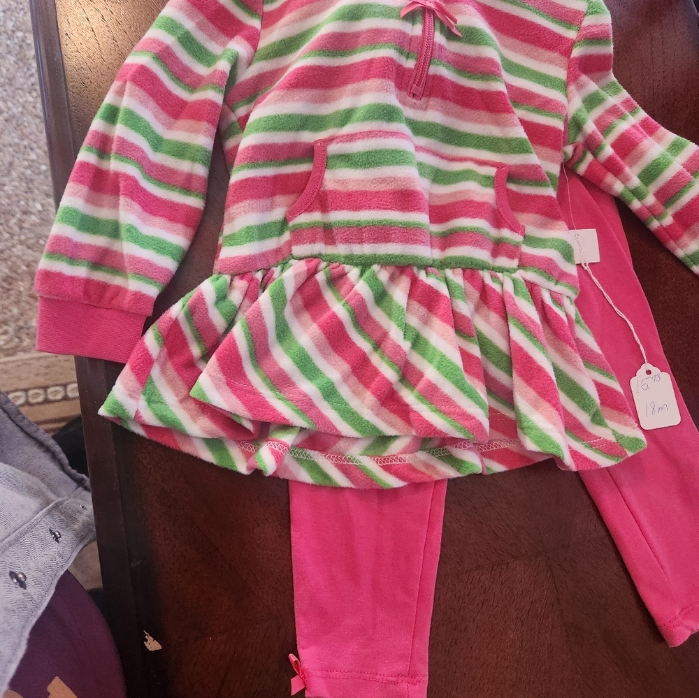 Girls Fleece Hoodie Tunic & Leggings Set Pink Green Striped Size 18M NWT - Picture 4 of 5